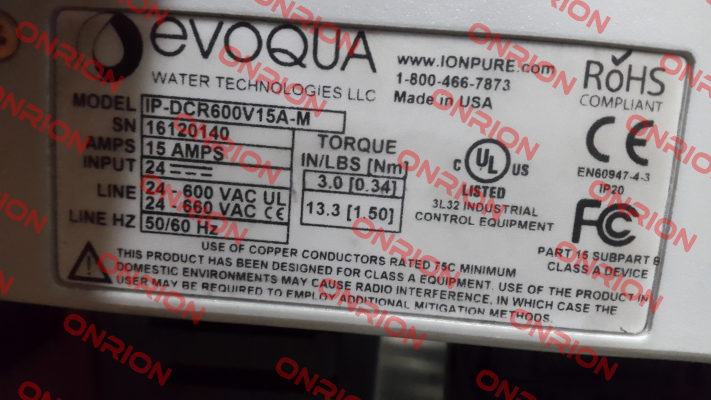 Model: IP-DCR600V15A-M Evoqua Water Technologies