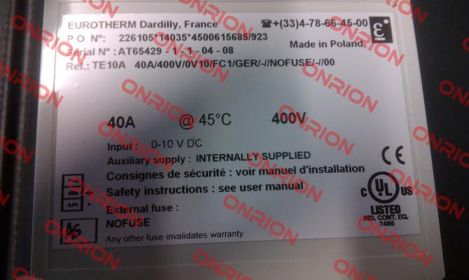 TE10A 40A/400V/0V10/FC1/GER/-//NOFUSE/-//00- no longer available, alternativ model EFIT/40A/400V/0V10/FC1/GER/SELF/XX/NOFUSE/-/ Eurotherm