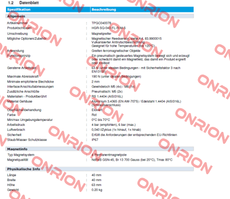 p/n: TPGC040078 type: HGR-SQ-040-FL-R-M-S Goudsmit Magnetics