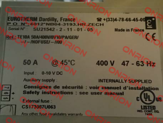 TA10A 50A/400V/0V10/PA/GER Replaced by MODEL (EFIT) Single Phase Power Controller Eurotherm